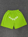 neon green Sp5der OG Web V2 sweatshorts feature a white logo print across the front