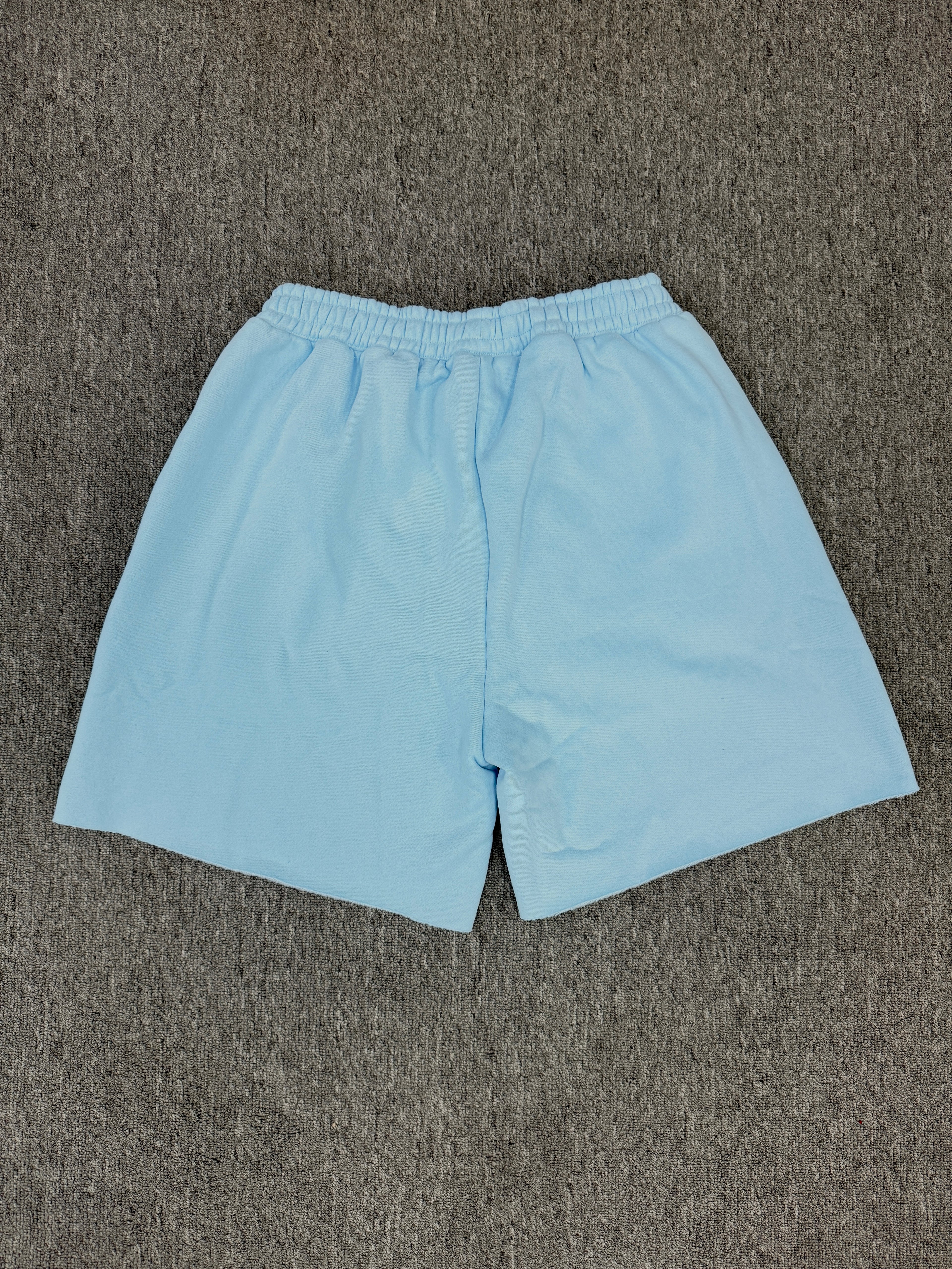 Sp5der OG Web Sweatshorts in Sky Blue, featuring the brand's signature webbed logo graphic on the front