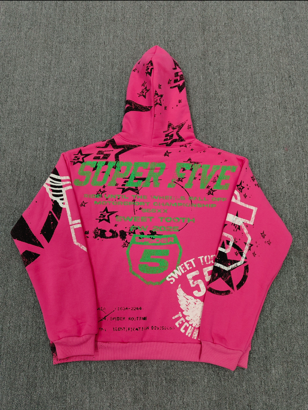 SP5DER Stencil hoodie featuring distressed white graphic branding and black star motifs