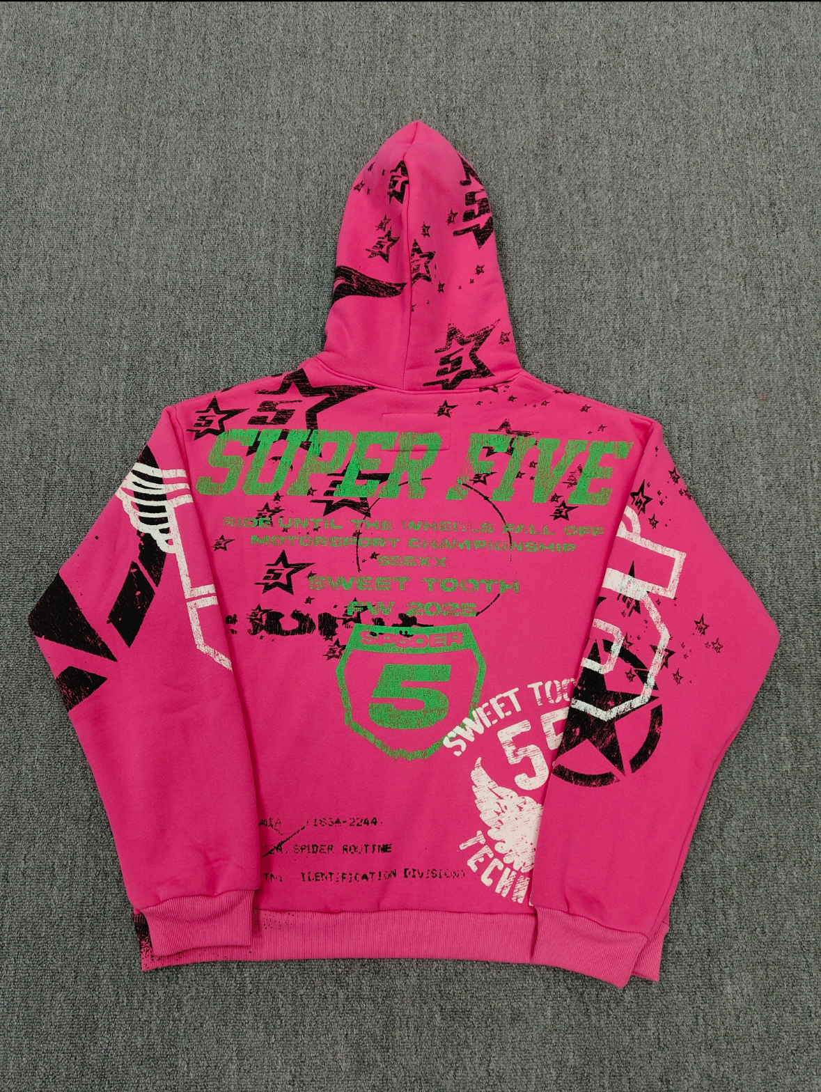 SP5DER Stencil hoodie featuring distressed white graphic branding and black star motifs