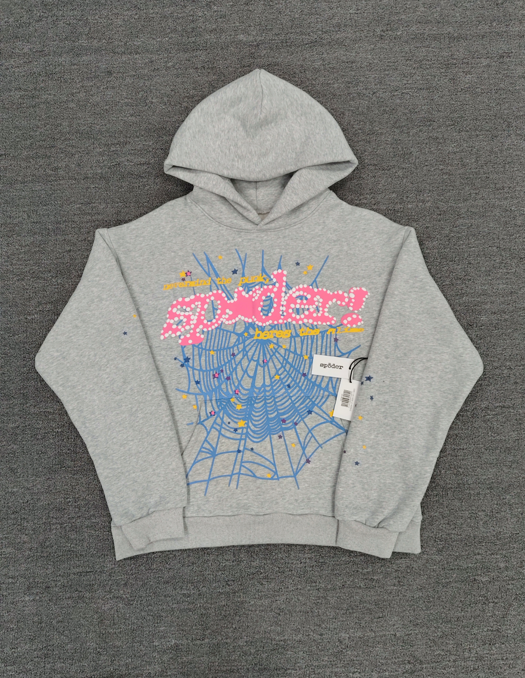 grey Sp5der hoodie features a prominent pink rhinestone graphic and a blue spiderweb design