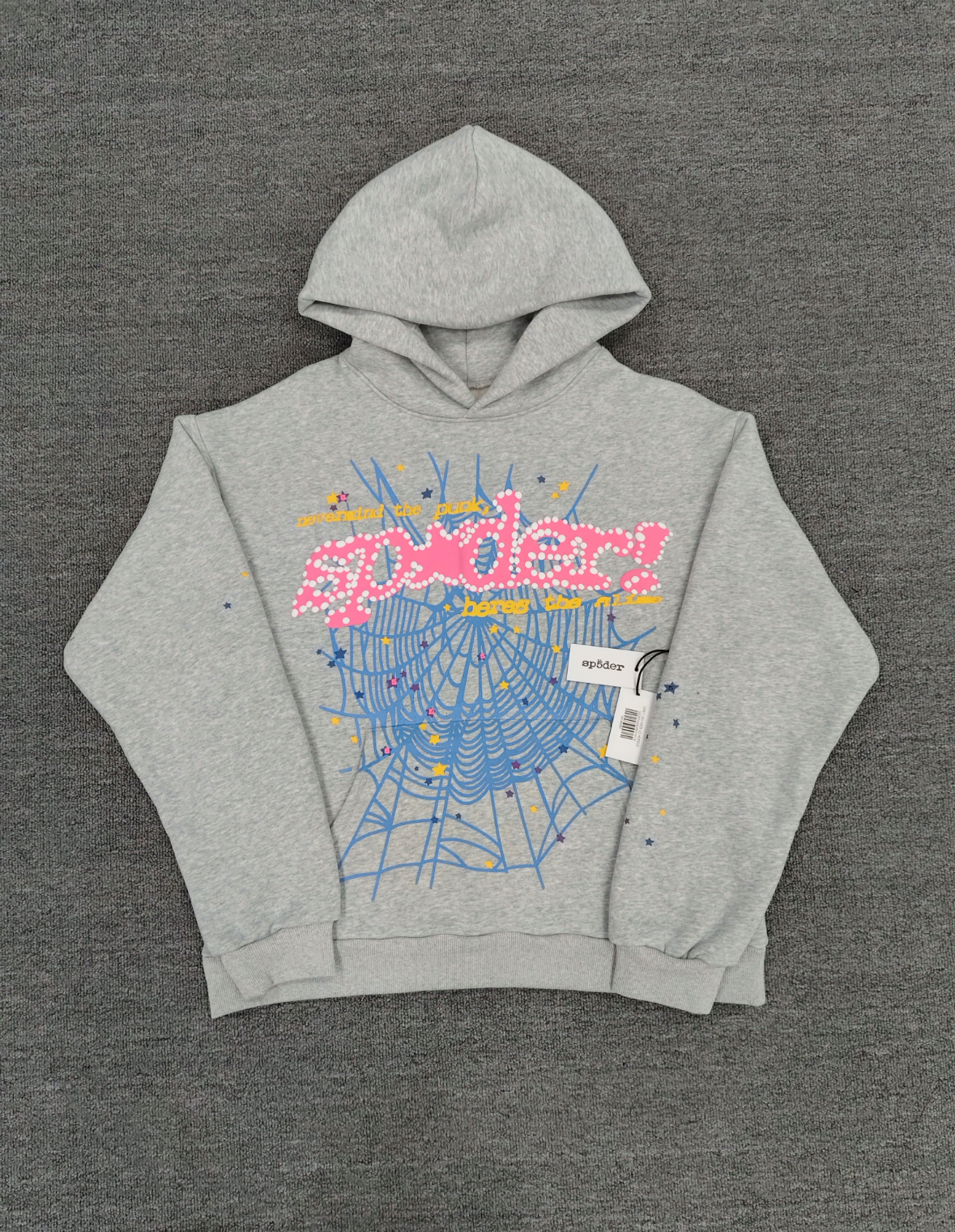 grey Sp5der hoodie features a prominent pink rhinestone graphic and a blue spiderweb design