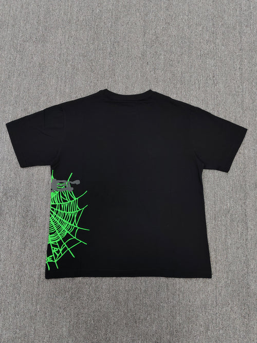 a Sp5der Heavy Web T-shirt in black featuring a prominent neon green web graphic and scattered star print