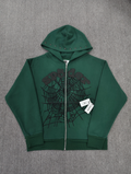 Sp5der OG Web Studded Zip Hoodie in green featuring black graphic detailing