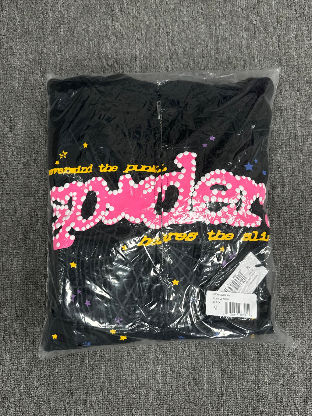 black Sp5der Punk V2 Zip Up hoodie features a pink logo and a large spider web graphic