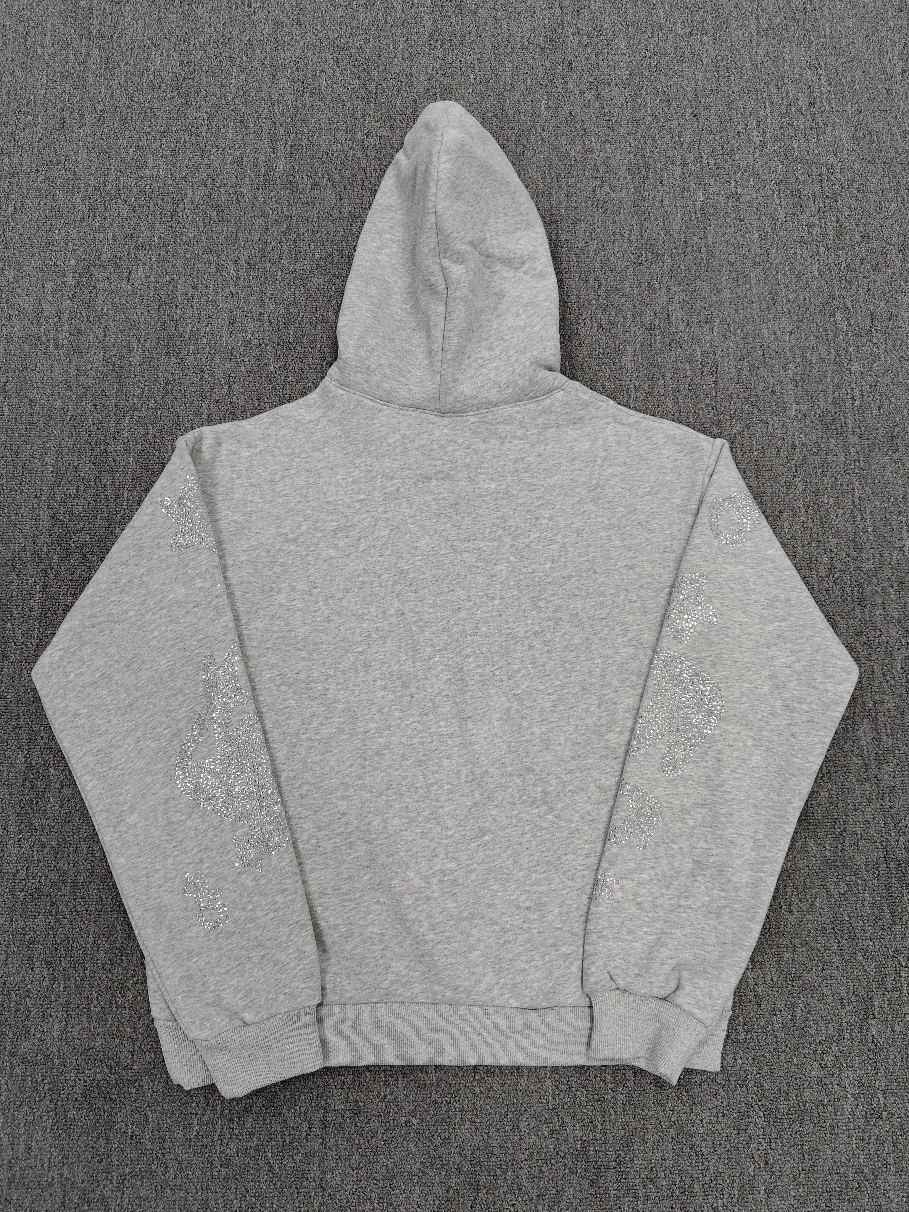 heather grey Sp5der Rhinestone Beluga hoodie features prominent crystal-embellished star designs on the front and sleeves