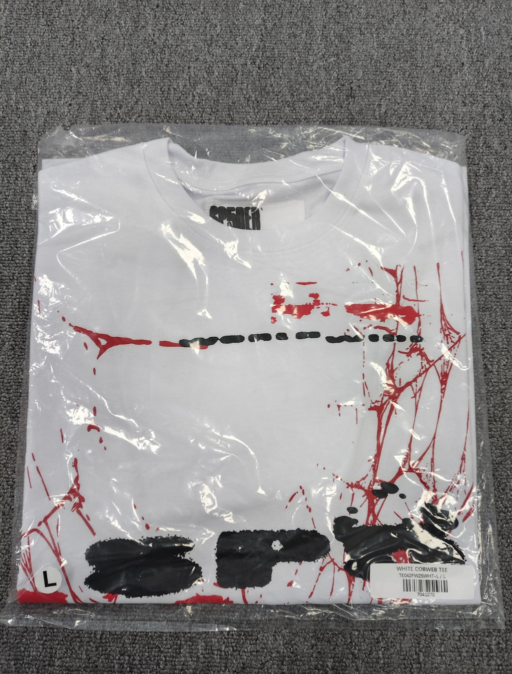 Sp5der Spinner T-Shirt in white, featuring a distinctive red web graphic and black lettering