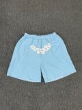 Sp5der OG Web Sweatshorts in Sky Blue, featuring the brand's signature webbed logo graphic on the front