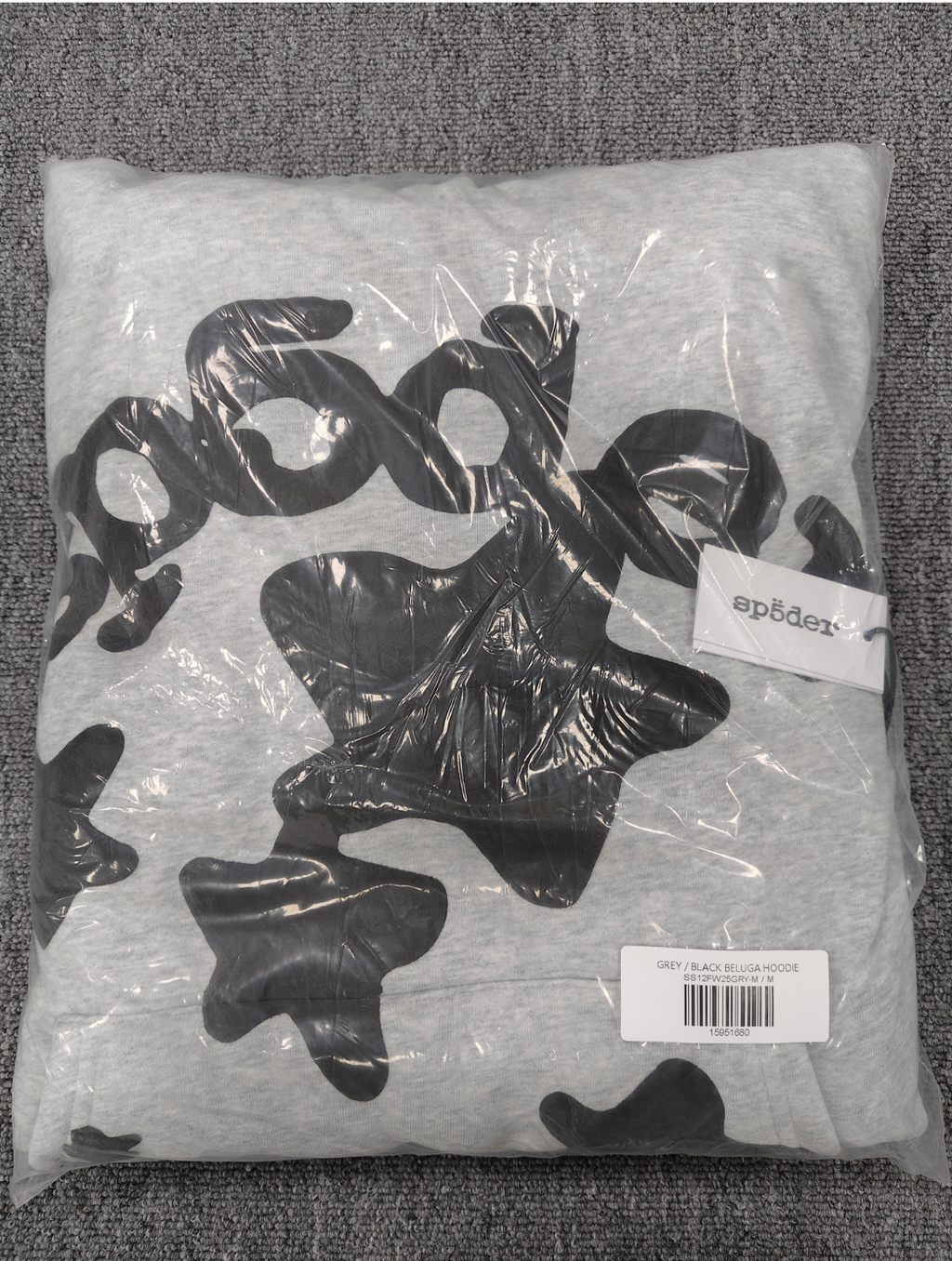 Sp5der Worldwide Beluga hoodie features a distinctive black star graphic across the chest on a light grey heather fabric