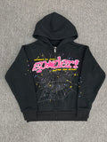 black Sp5der Punk V2 Zip Up hoodie features a pink logo and a large spider web graphic