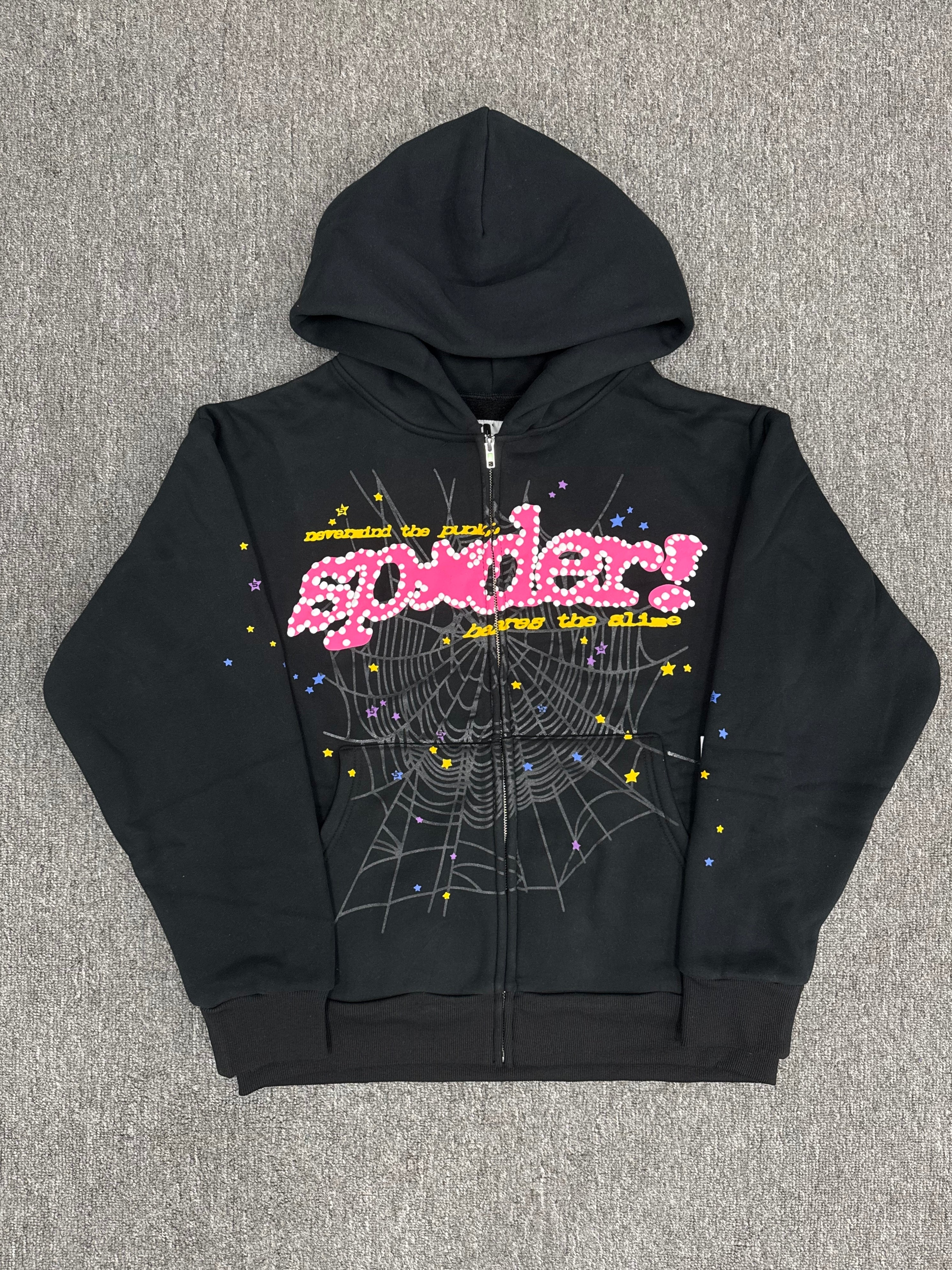black Sp5der Punk V2 Zip Up hoodie features a pink logo and a large spider web graphic
