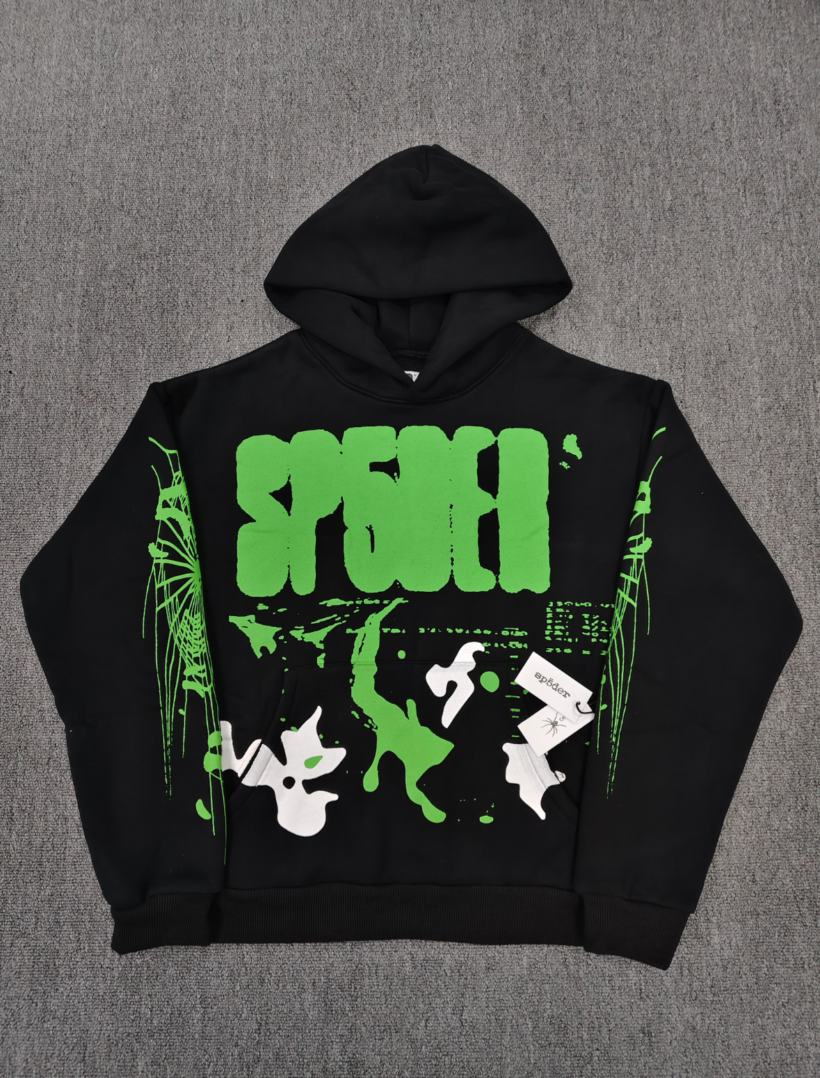 black Sp5der X-Ray Hoodie featuring prominent neon green slime-style graphics
