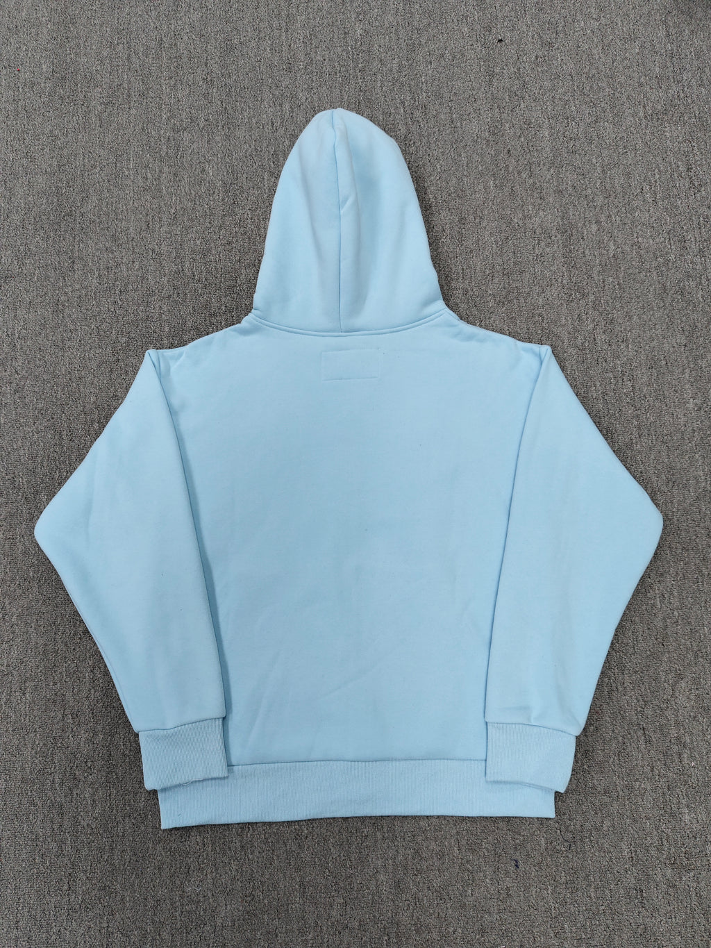 Sp5der OG Web Zip Up hoodie in Sky Blue features a prominent 3D puff-printed spider web graphic and rhinestone embellishments