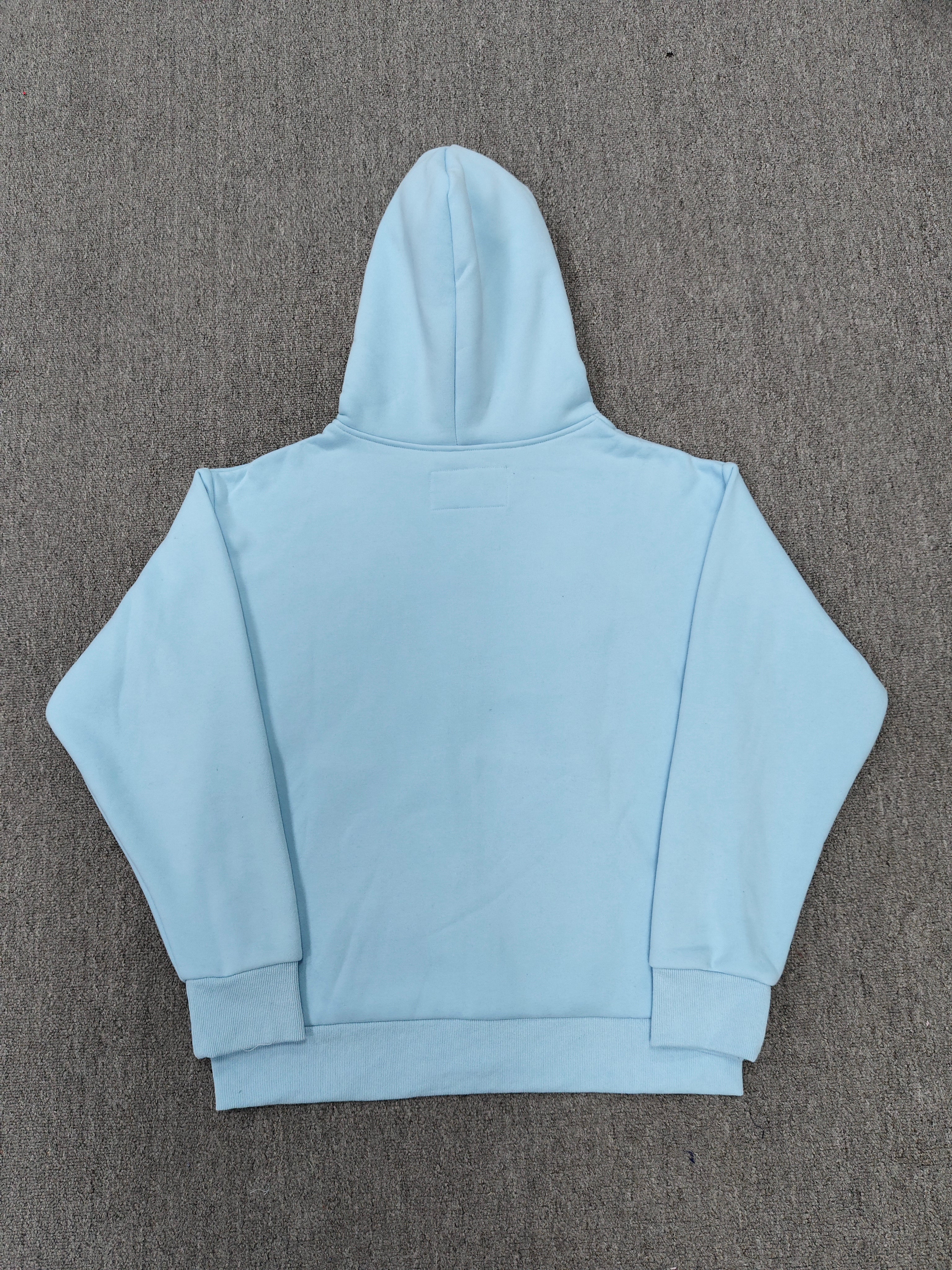 Sp5der OG Web Zip Up hoodie in Sky Blue features a prominent 3D puff-printed spider web graphic and rhinestone embellishments