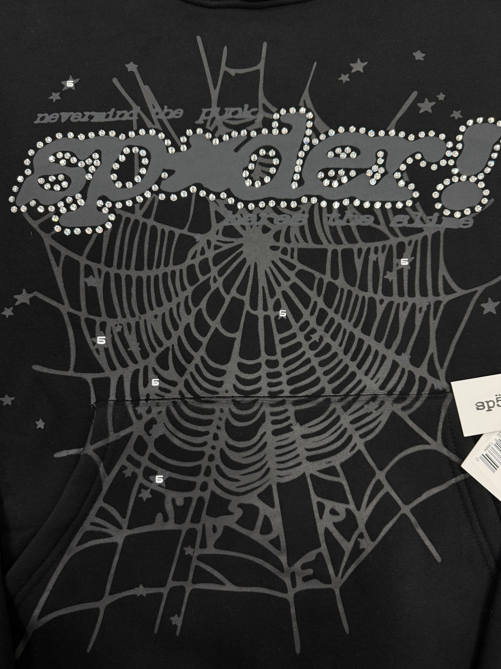 Sp5der Rhinestone Punk V2 hoodie in black with rhinestone web graphics