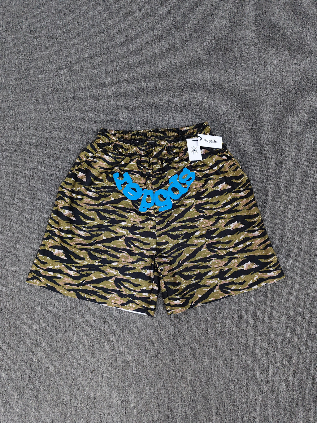Sp5der OG Web V2 Tiger Camo Sweatshorts featuring a prominent tiger stripe pattern and an elasticated waistband