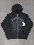 black Sp5der OG Web V2 Phantom Zip Up Hoodie features a prominent rhinestone-embellished logo and web graphic