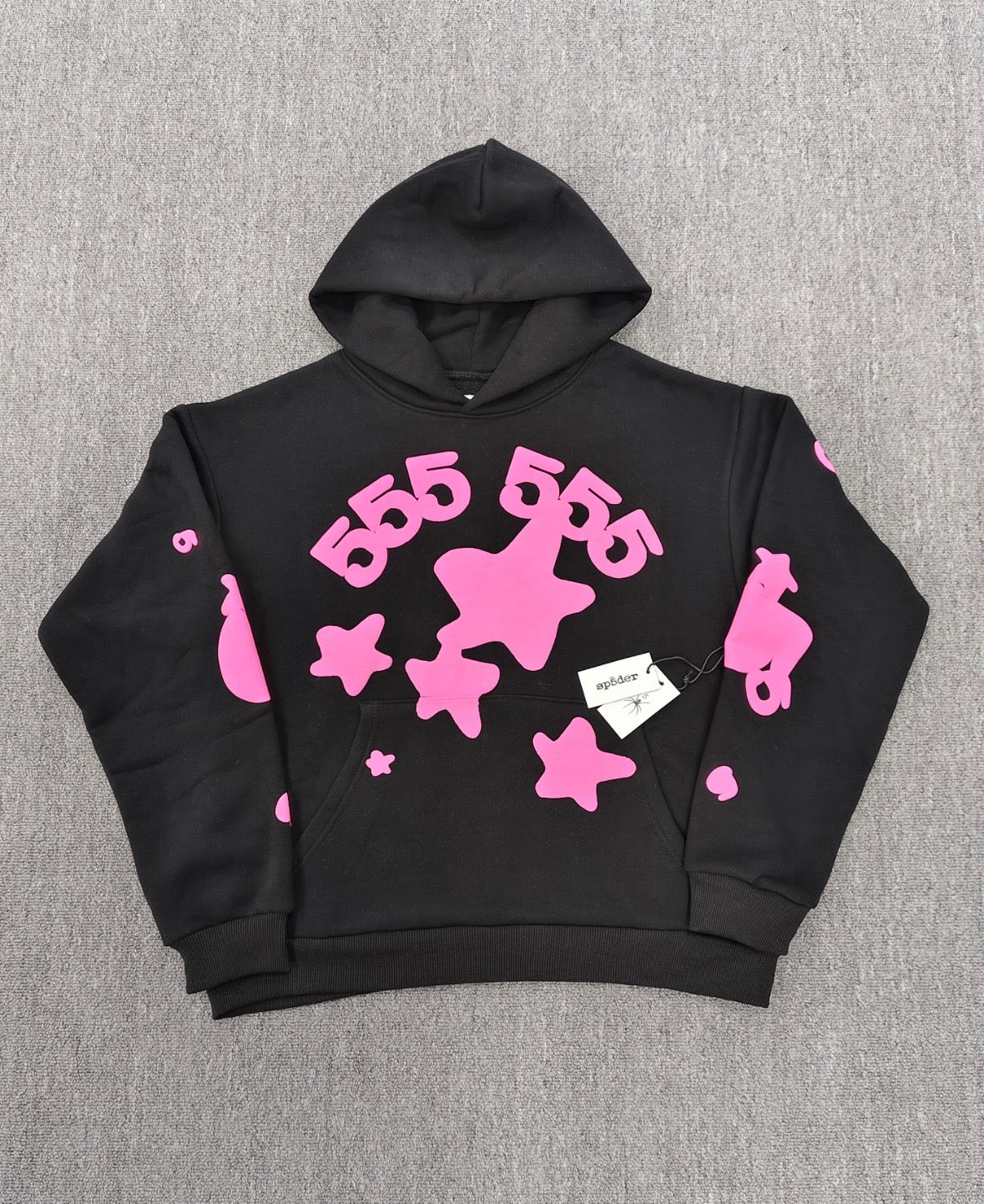 Sp5der Angel Number Beluga Hoodie in black with pink graphics