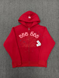Sp5der Angel Number zip hoodie in red features a prominent sparkly spider web graphic on the chest