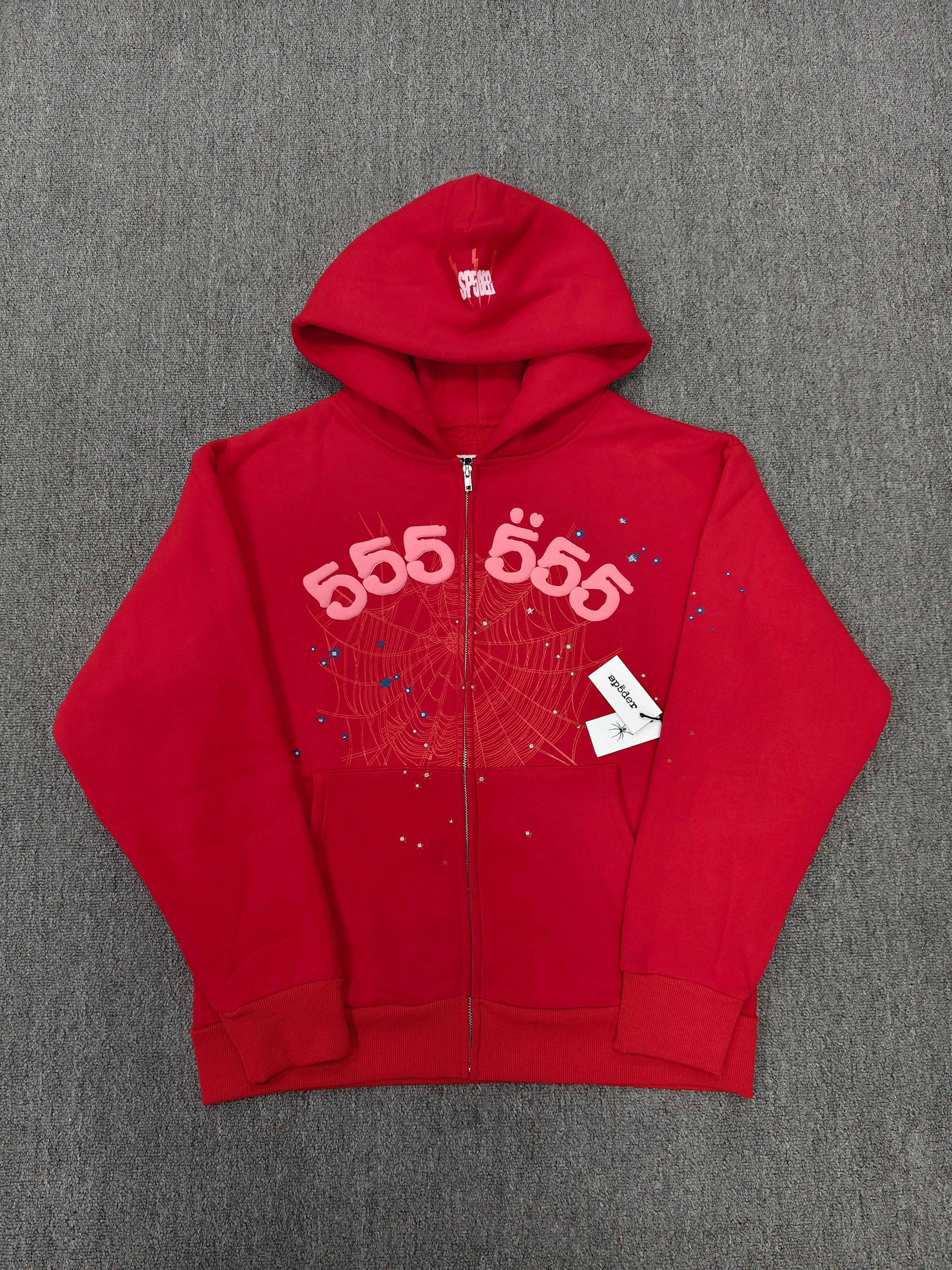 Sp5der Angel Number zip hoodie in red features a prominent sparkly spider web graphic on the chest