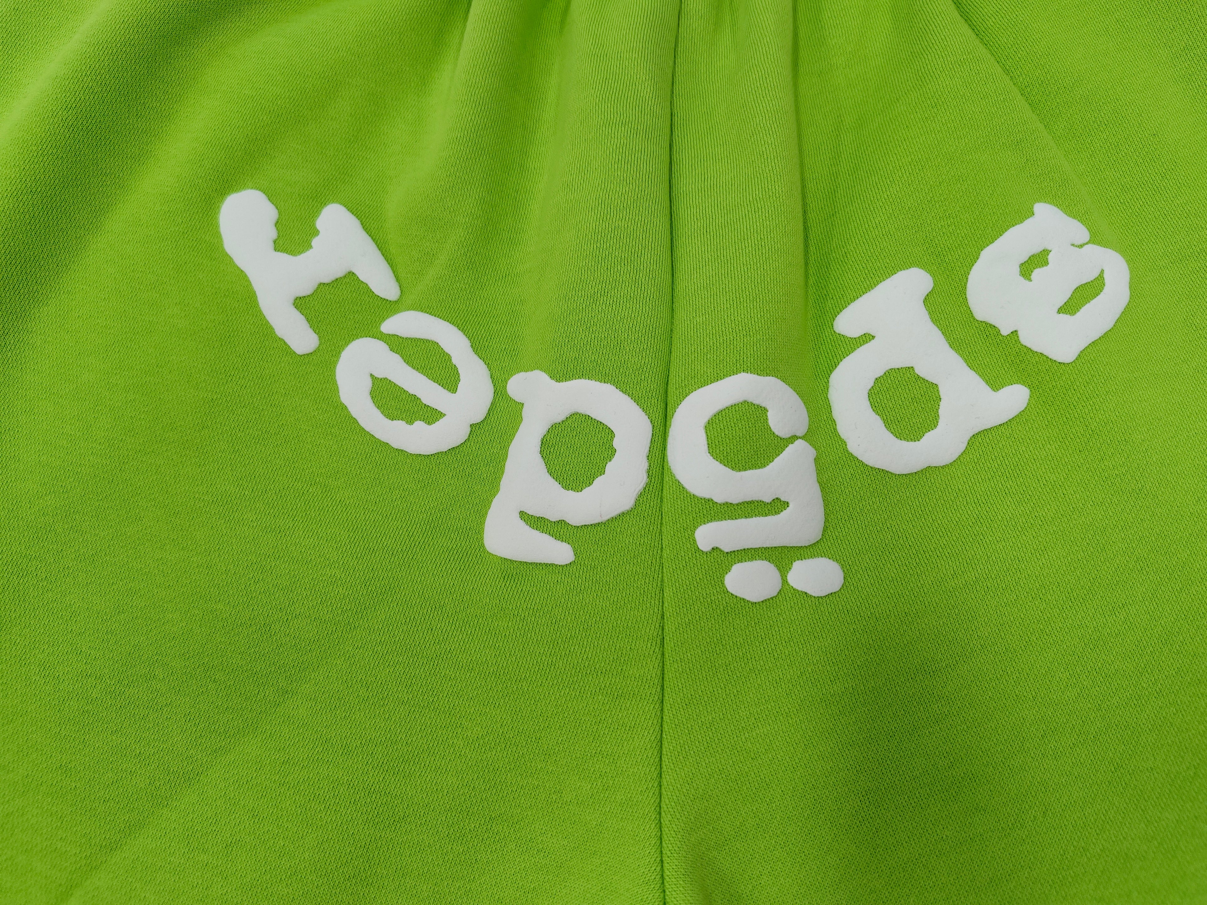 neon green Sp5der OG Web V2 sweatshorts feature a white logo print across the front