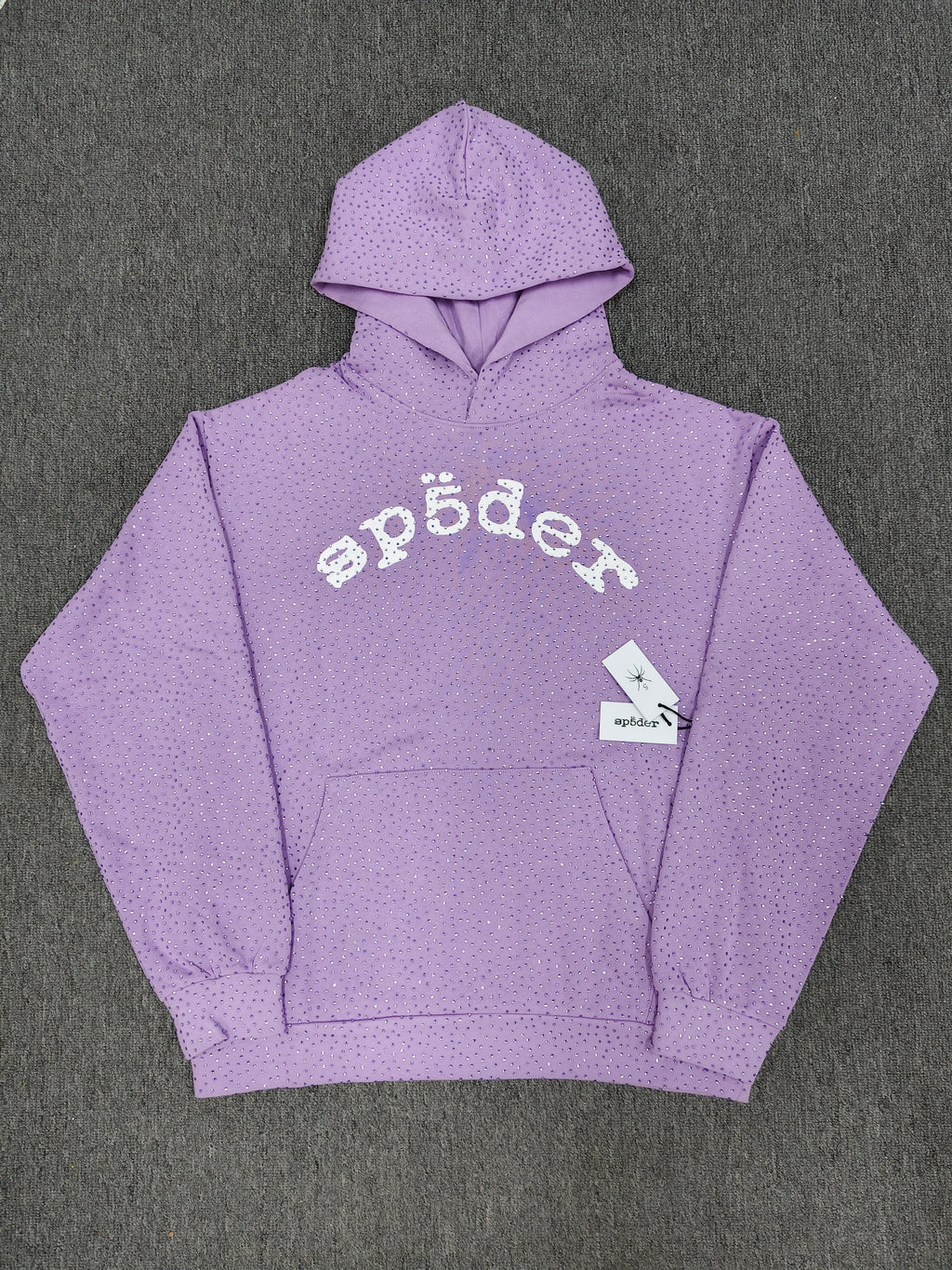 light purple Sp5der rhinestone arch logo hoodie is crafted from cotton fleece and features a glittering finish