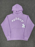light purple Sp5der rhinestone arch logo hoodie is crafted from cotton fleece and features a glittering finish