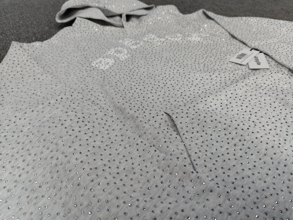a Sp5der VVS Hoodie in Heather Grey, recognized by its all-over tonal rhinestones and arch logo