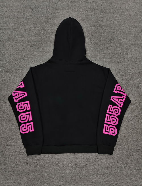 a black Sp5der Arachnophobia hoodie with vibrant pink lettering
