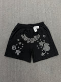 Sp5der Black Rhinestone Letter Print Jogger Shorts featuring a distinctive rhinestone star graphic.