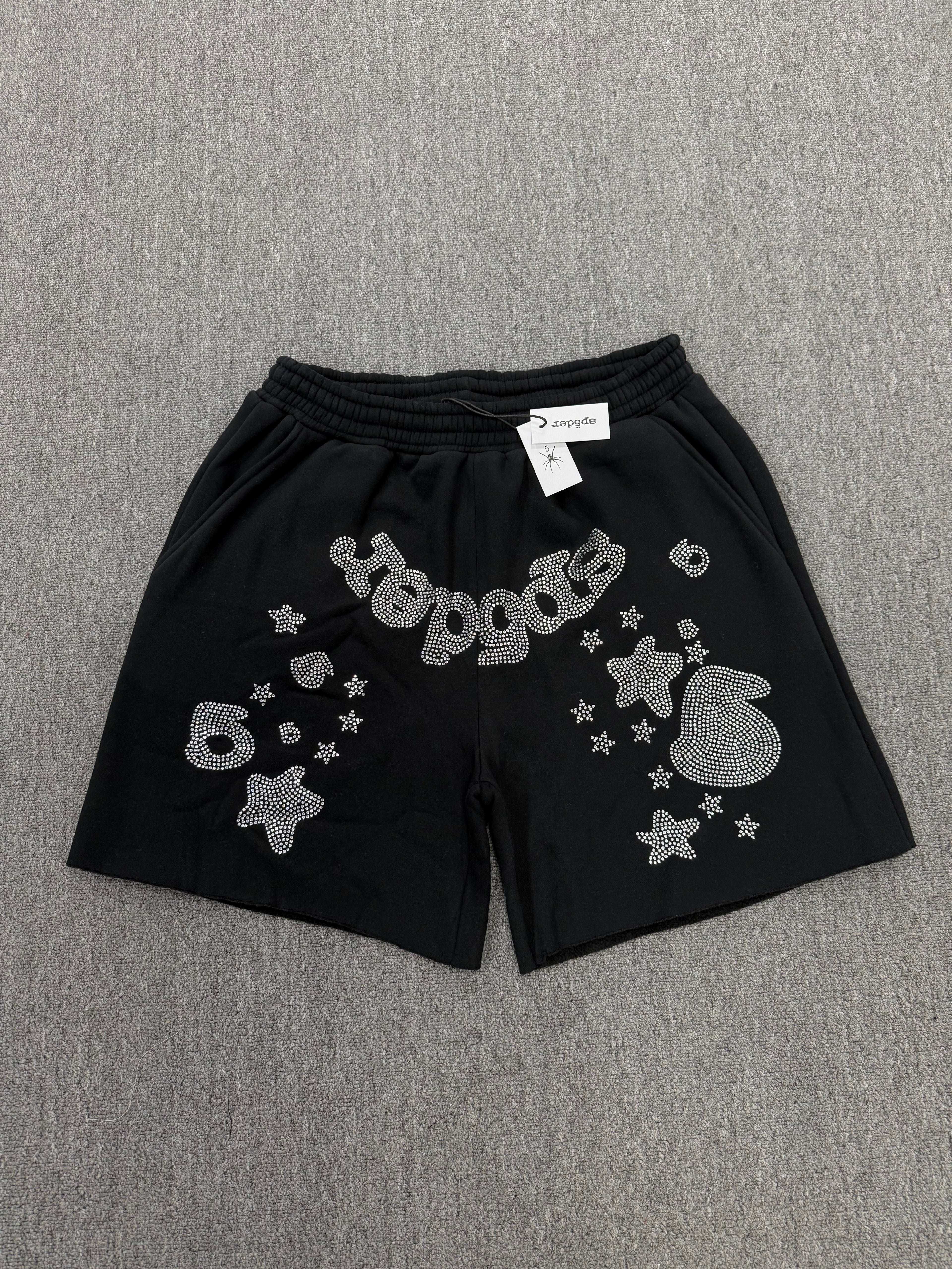 Sp5der Black Rhinestone Letter Print Jogger Shorts featuring a distinctive rhinestone star graphic.