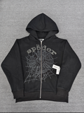 Sp5der OG Web V2 Phantom Zip Up hoodie features a black colorway with a prominent puff-printed web graphic on the front