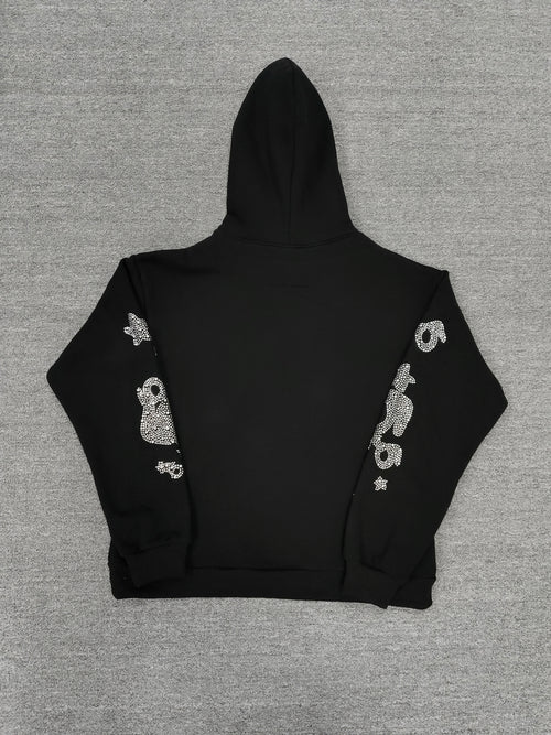 a Sp5der black rhinestone star logo hoodie