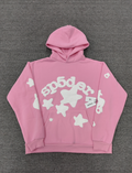 Sp5der pink graphic pullover hoodie features a prominent white screen-printed spiderweb design on the front