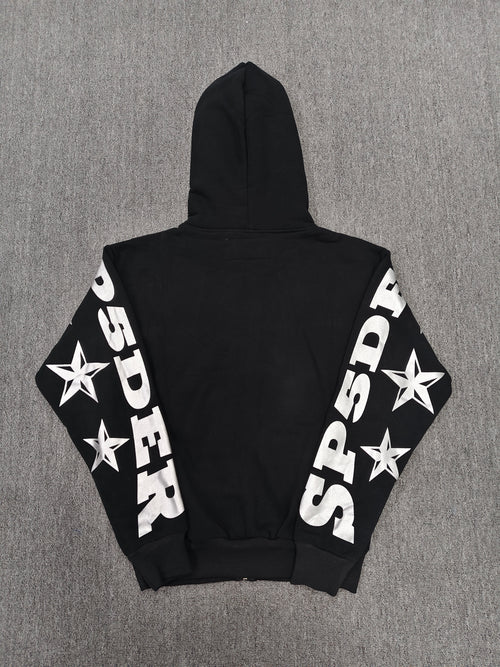 a Sp5der MX555 Zip Hoodie in black, featuring white graphic lettering and star prints on the sleeves