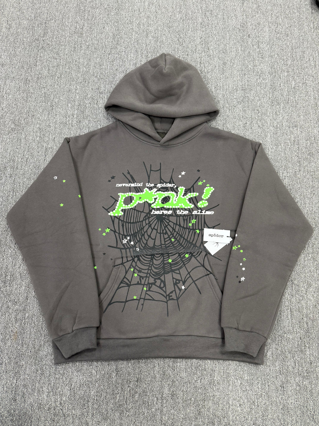 a SP5DER Punk V2 Hoodie in the Slate Grey colorway