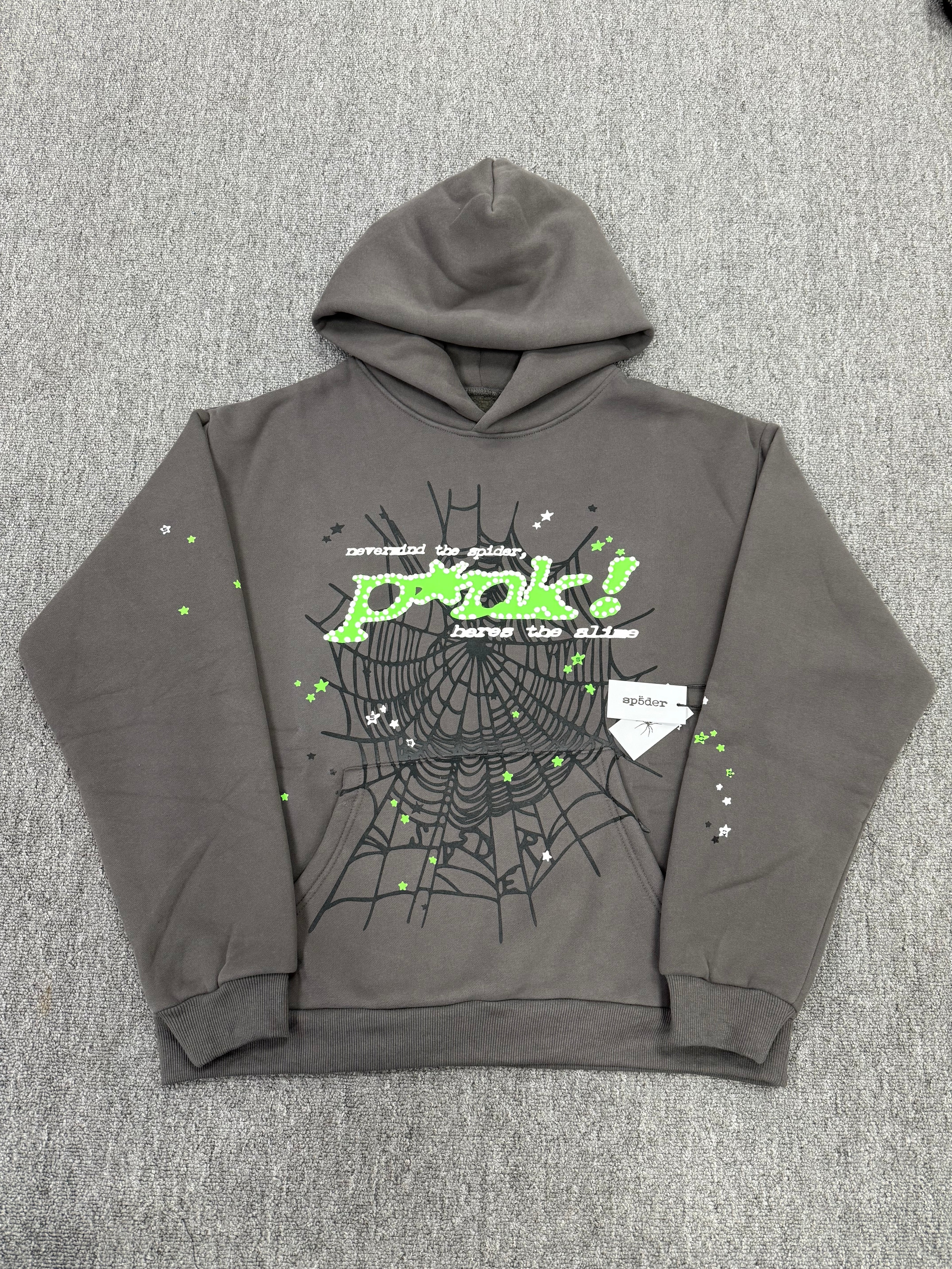 a SP5DER Punk V2 Hoodie in the Slate Grey colorway