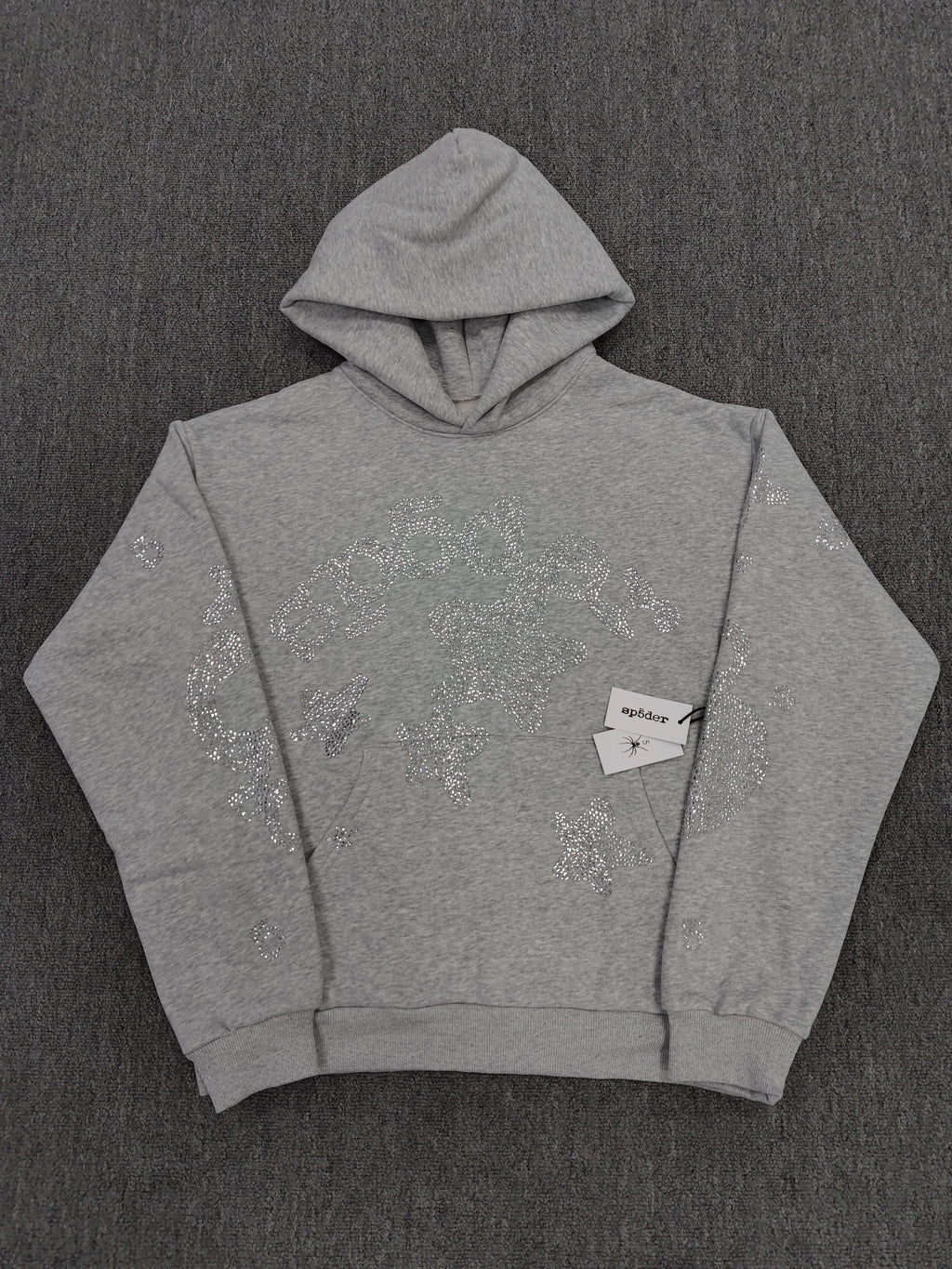 heather grey Sp5der Rhinestone Beluga hoodie features prominent crystal-embellished star designs on the front and sleeves
