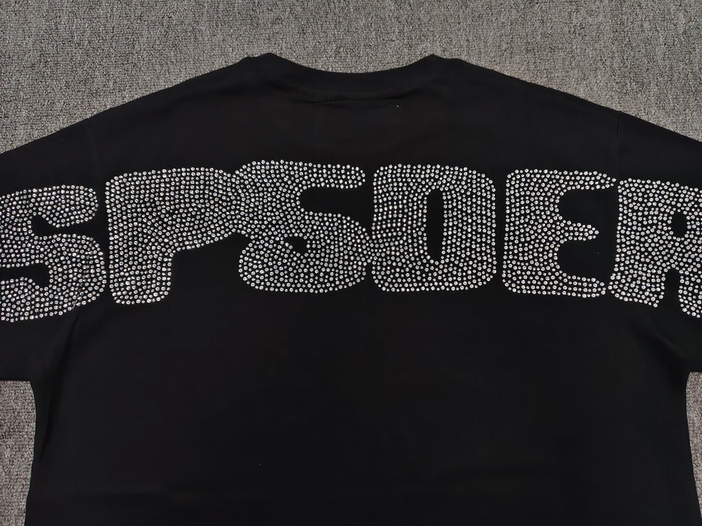 black Sp5der Rhinestone Silk Tee features a prominent crystal-embellished spider web graphic on the chest