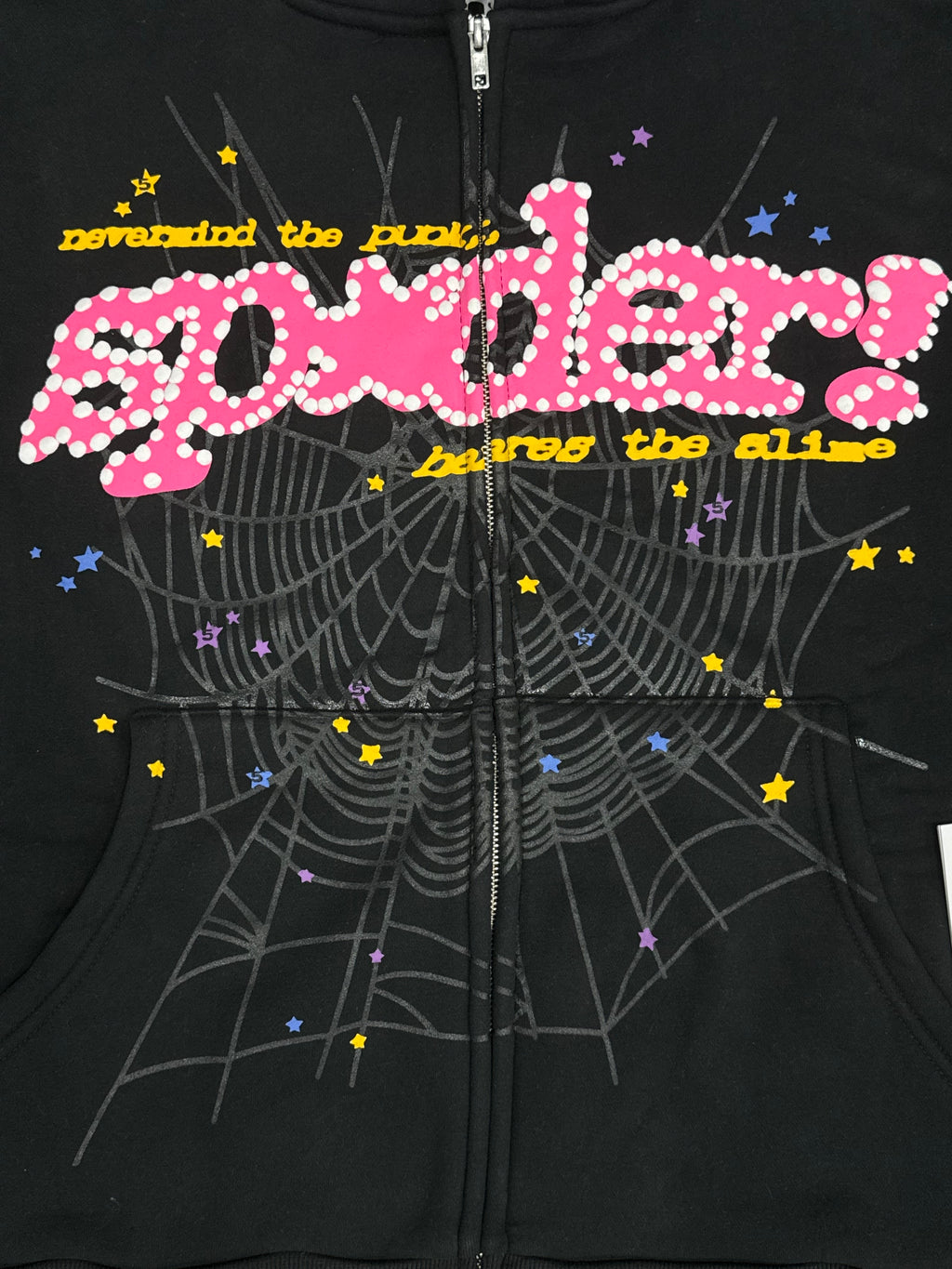 black Sp5der Punk V2 Zip Up hoodie features a pink logo and a large spider web graphic