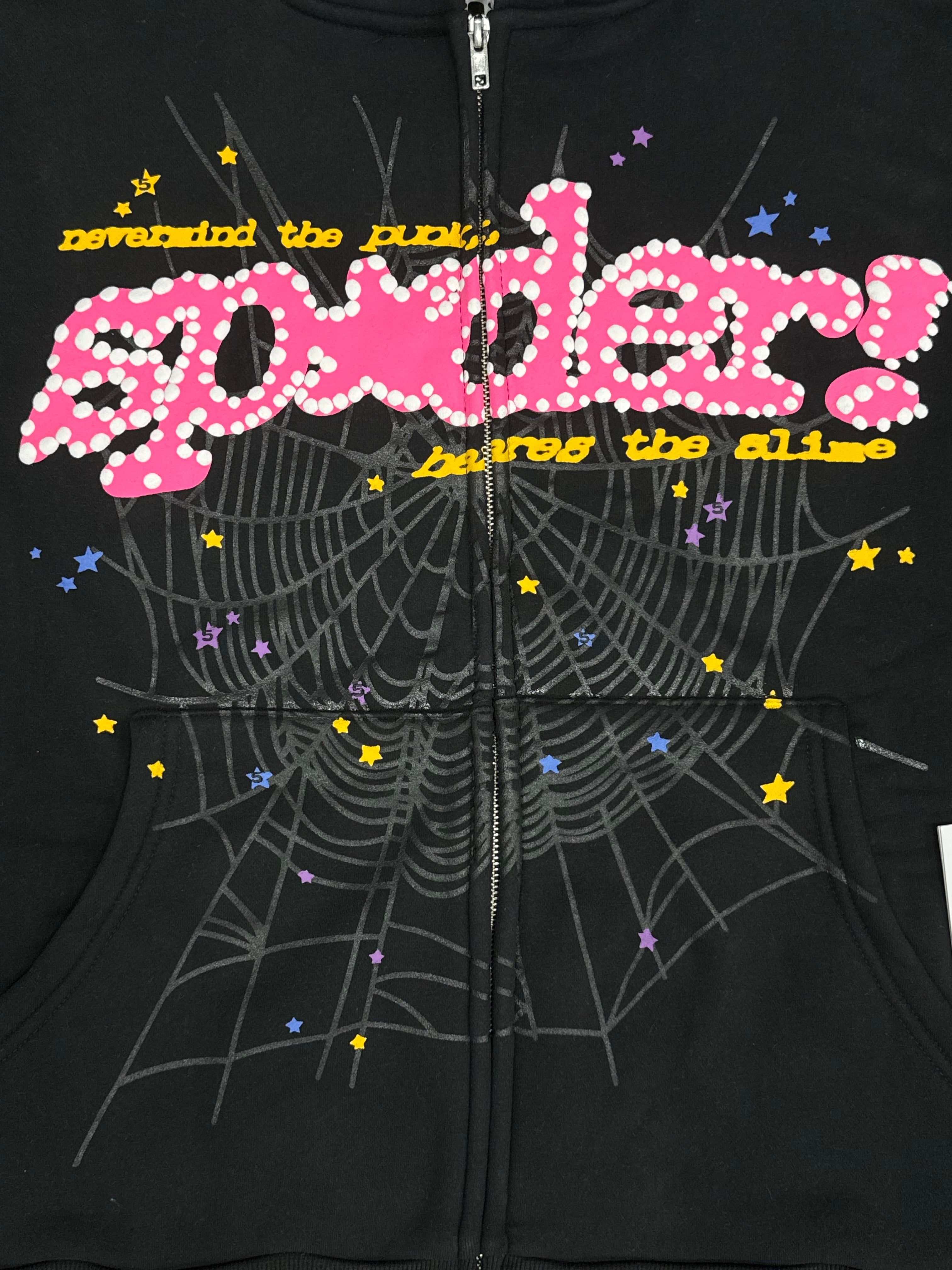 black Sp5der Punk V2 Zip Up hoodie features a pink logo and a large spider web graphic