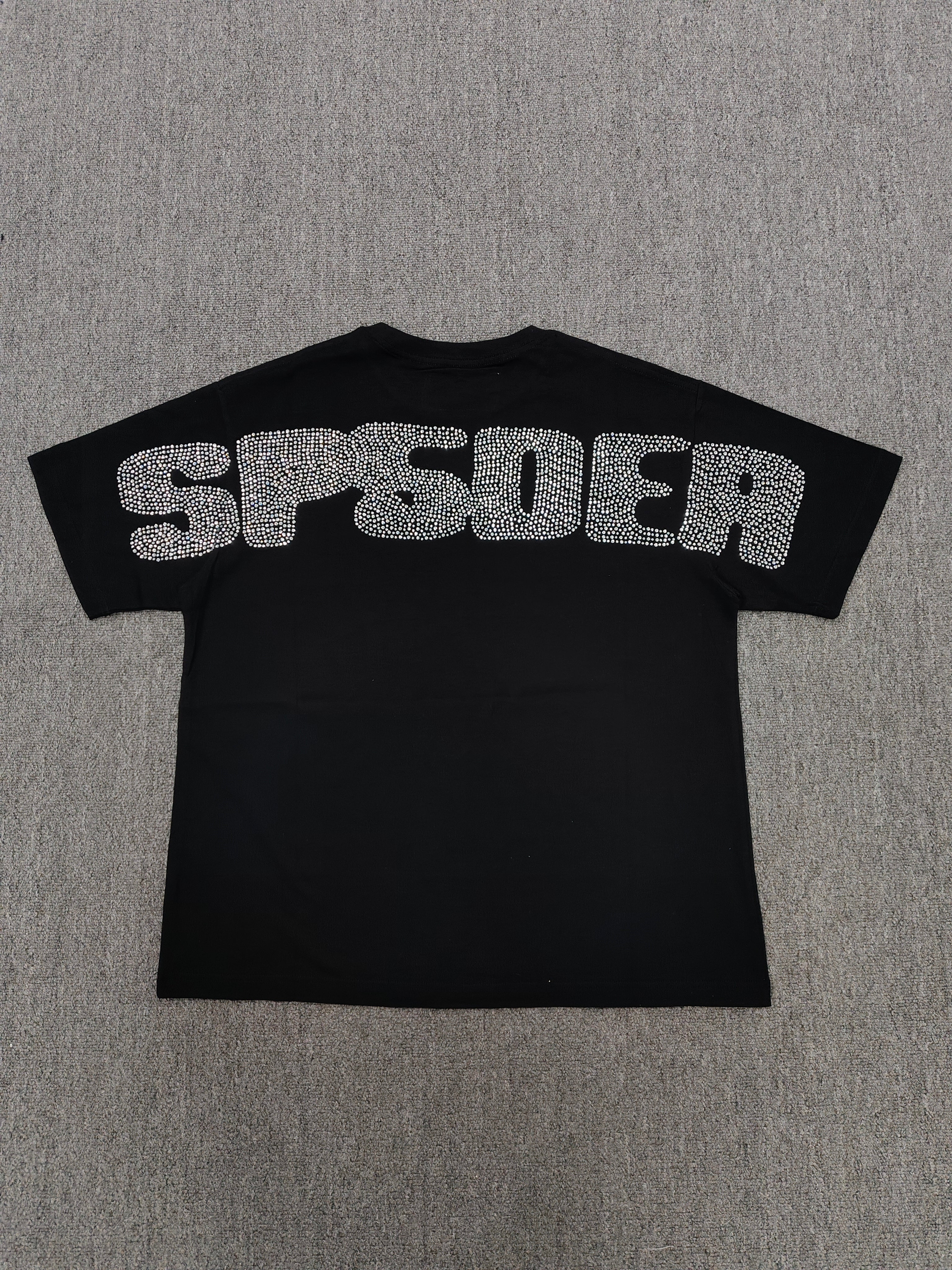 black Sp5der Rhinestone Silk Tee features a prominent crystal-embellished spider web graphic on the chest