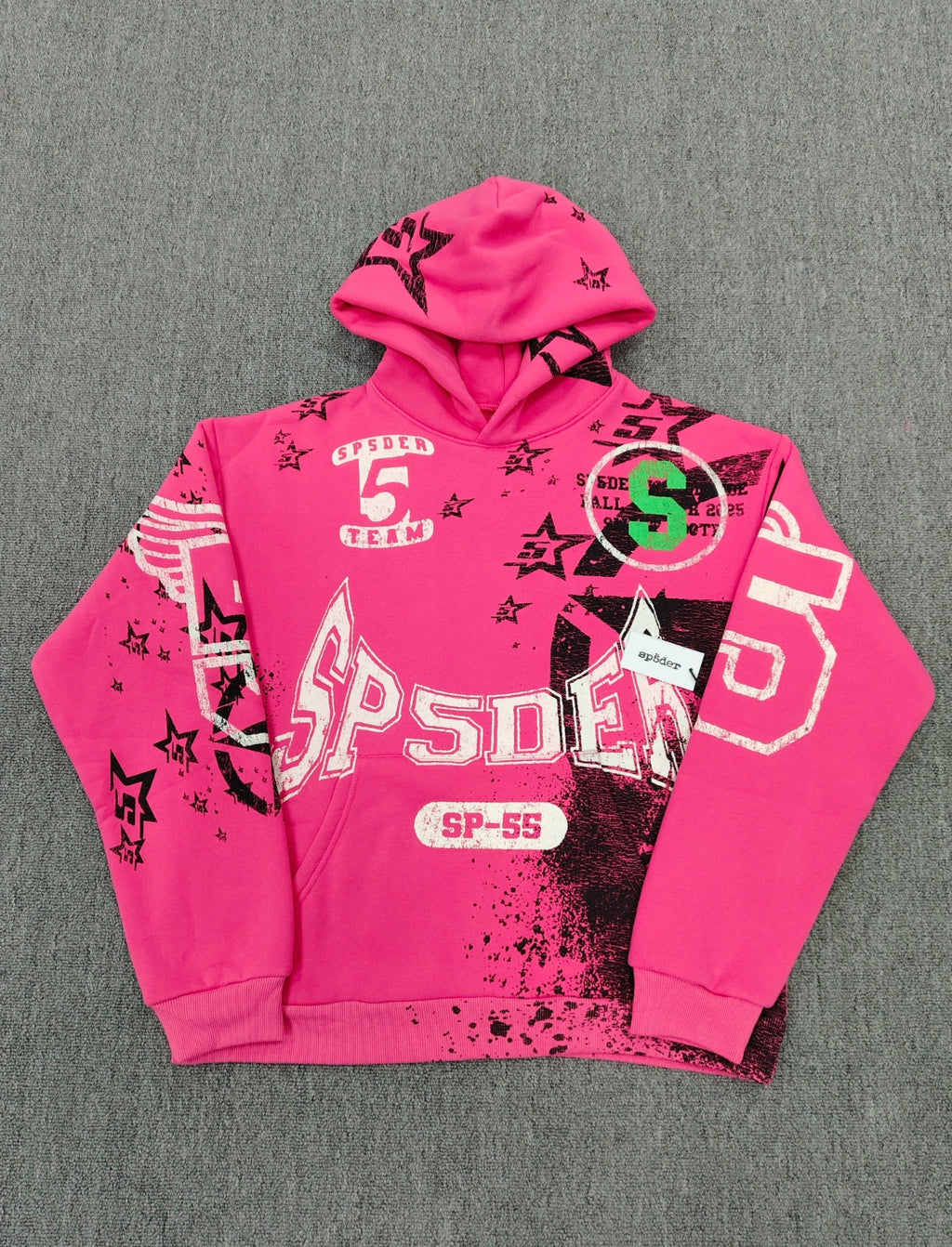 SP5DER Stencil hoodie featuring distressed white graphic branding and black star motifs