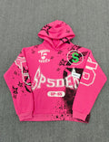 SP5DER Stencil hoodie featuring distressed white graphic branding and black star motifs