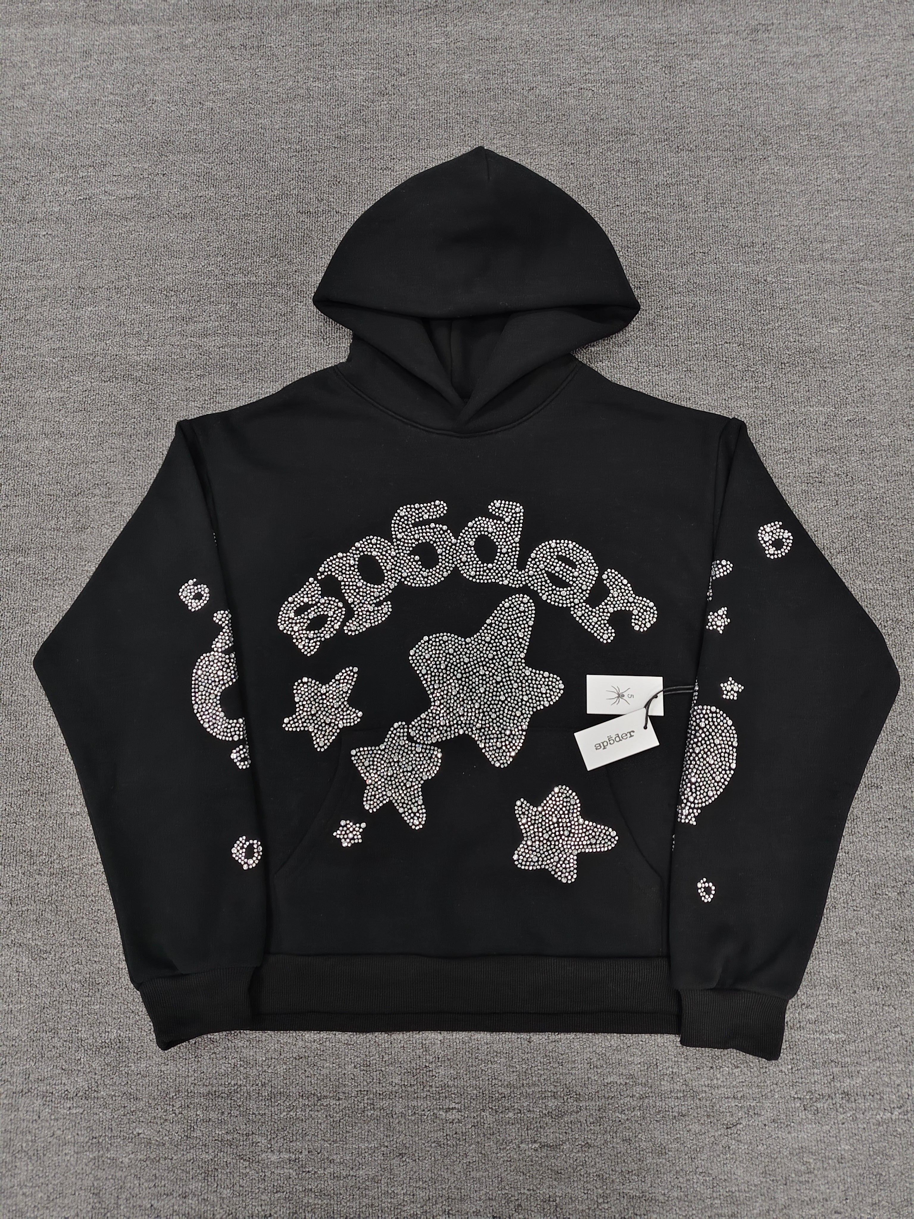 a Sp5der black rhinestone star logo hoodie