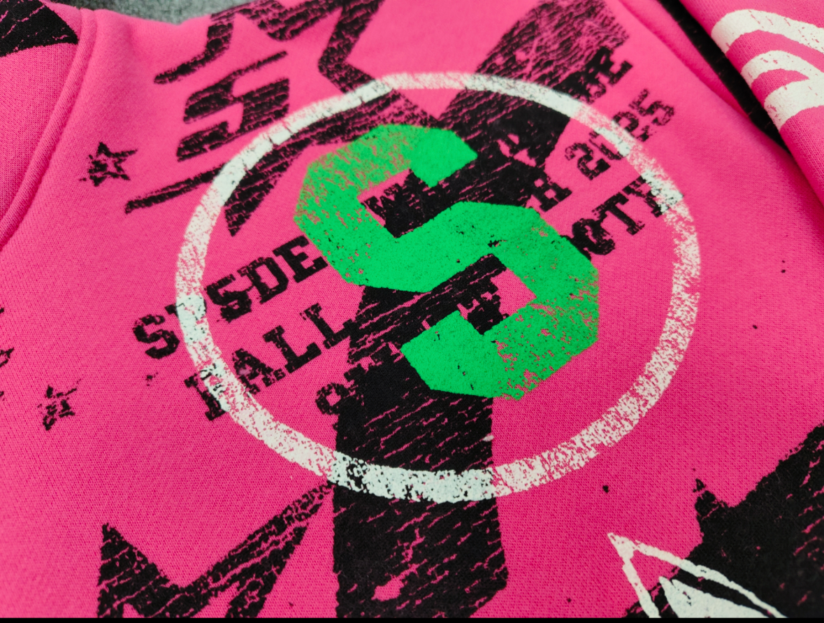 SP5DER Stencil hoodie featuring distressed white graphic branding and black star motifs