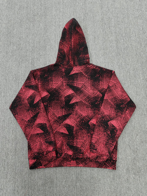 a Sp5der Plaid Splatt Hoodie in red, featuring a prominent white star graphic