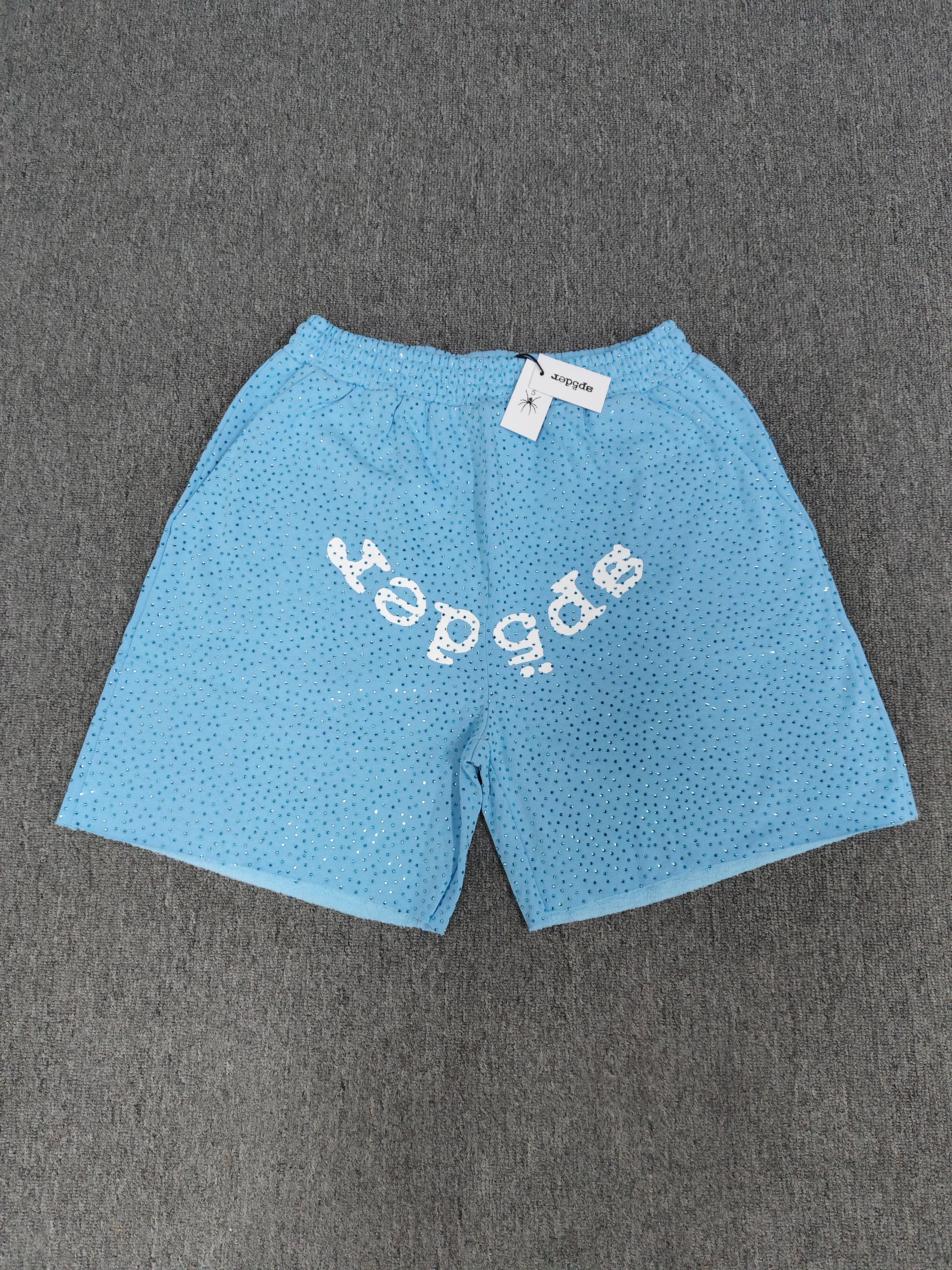 Multicolor Sp5der VVS shorts featuring all-over rhinestone details