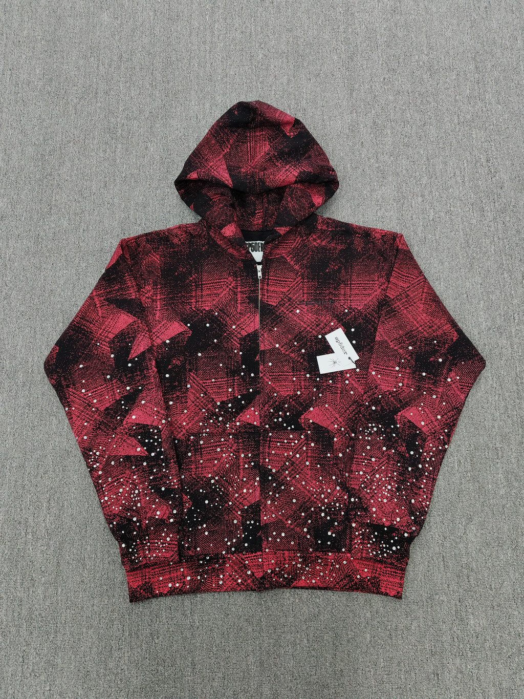 a Sp5der Star Plaid Full Zip Hoodie in a red and black plaid pattern
