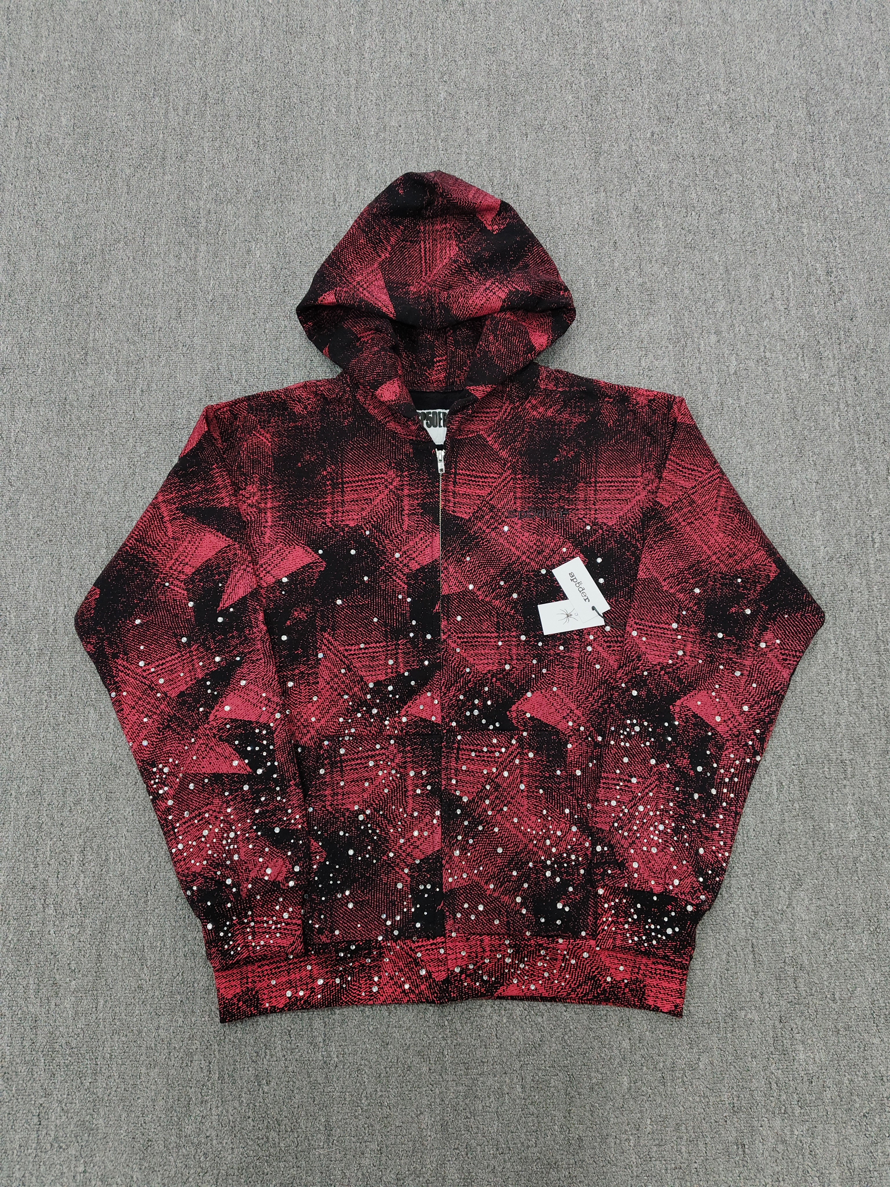 a Sp5der Star Plaid Full Zip Hoodie in a red and black plaid pattern